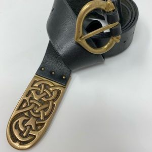 Black Leather Belt Bronze Buckle Celtic Knot Tip